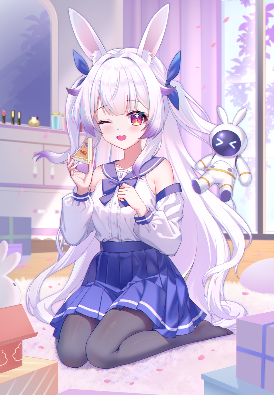 >_<, 1girl, ;d, alternate_costume, alternate_hairstyle, animal_ear_fluff, animal_ears, bare_shoulders