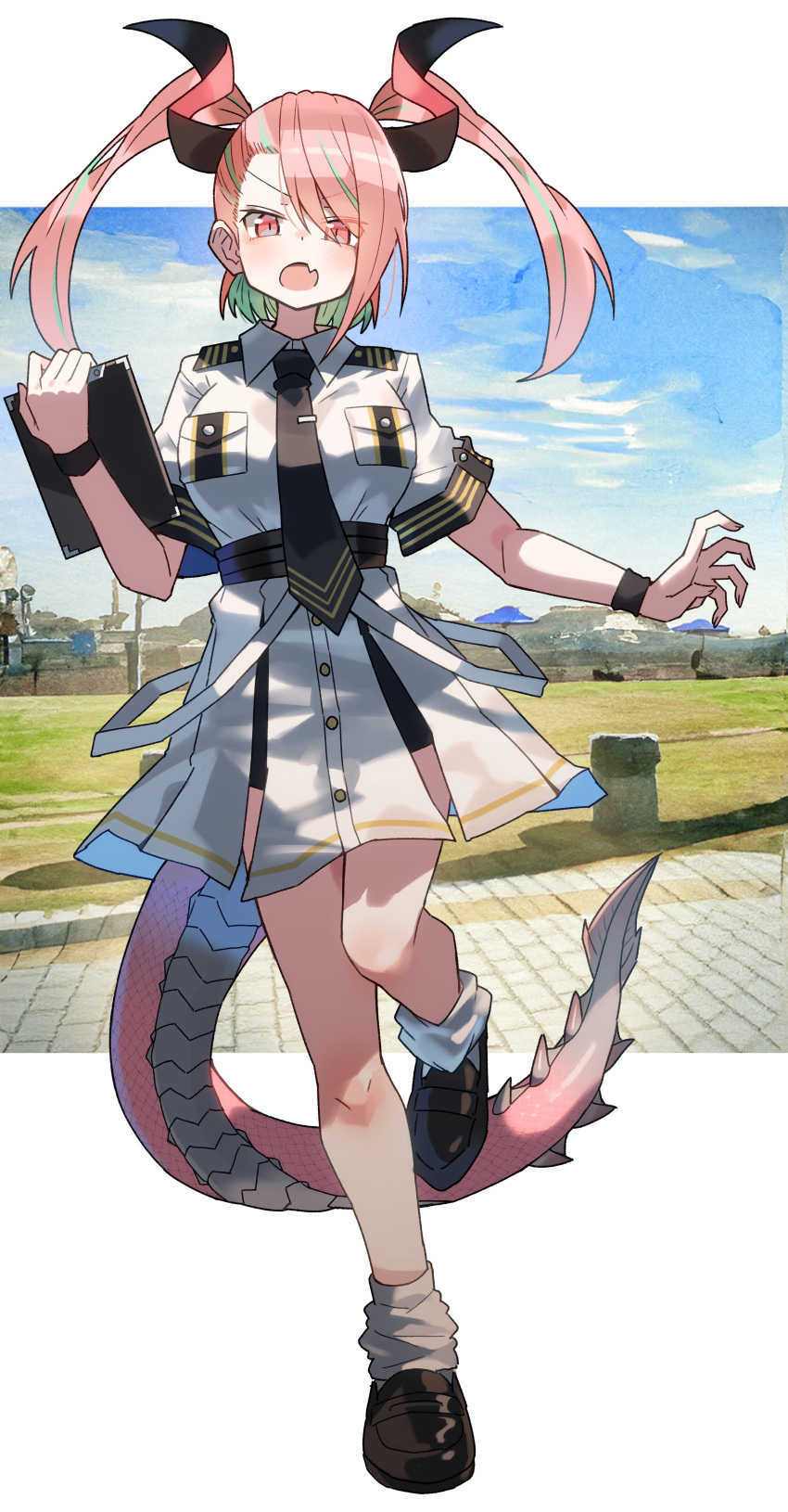 1girl, absurdres, black_necktie, black_shoes, clipboard, collared_shirt, full_body, green_hair, high-waist_skirt, highres, holding, holding_clipboard, horns, katsu_(katsupainter), looking_at_viewer, multicolored_hair, necktie, open_mouth, original, pink_eyes, pink_hair, pink_scales, scales, shirt, shoes, skirt, solo, standing, standing_on_one_leg, streaked_hair, tail, twintails, two-tone_hair, white_shirt, white_skirt