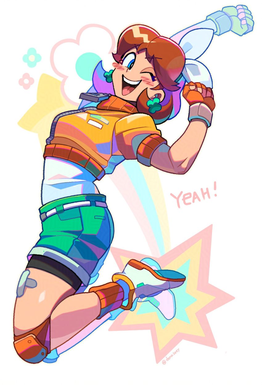 1girl, bike_shorts, bike_shorts_under_shorts, blue_eyes, brown_hair, cropped_jacket, crossed_bandaids, denaseey