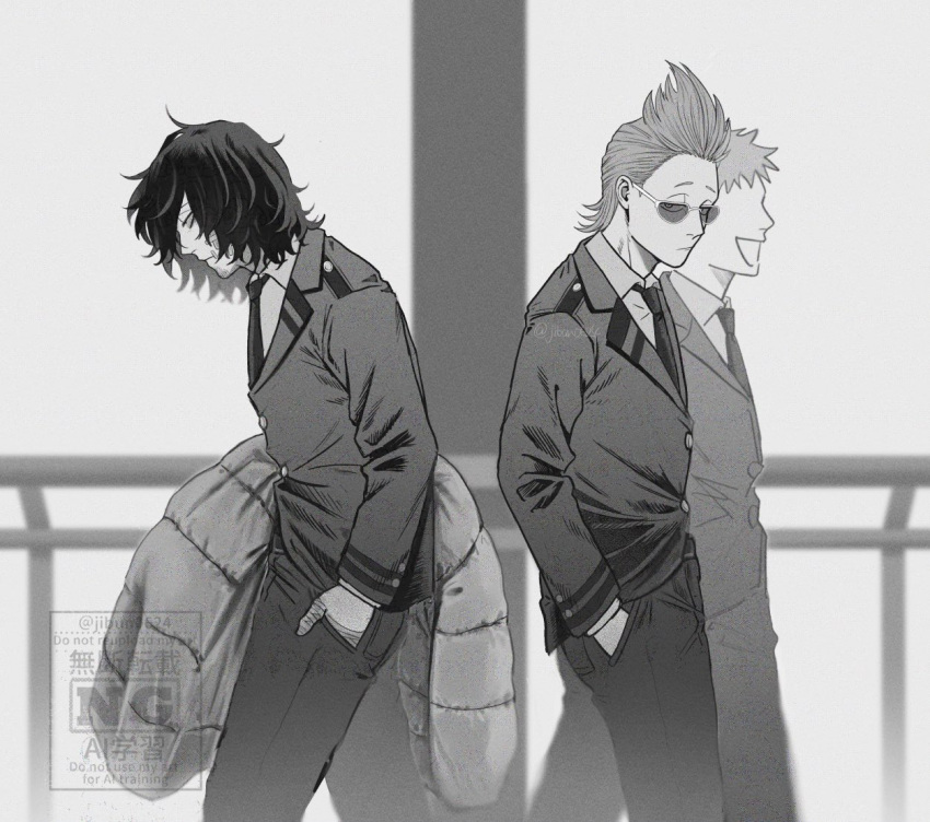 2boys, aizawa_shota, boku_no_hero_academia, collared_shirt, greyscale, hand_in_pocket, holding, jibun0624
