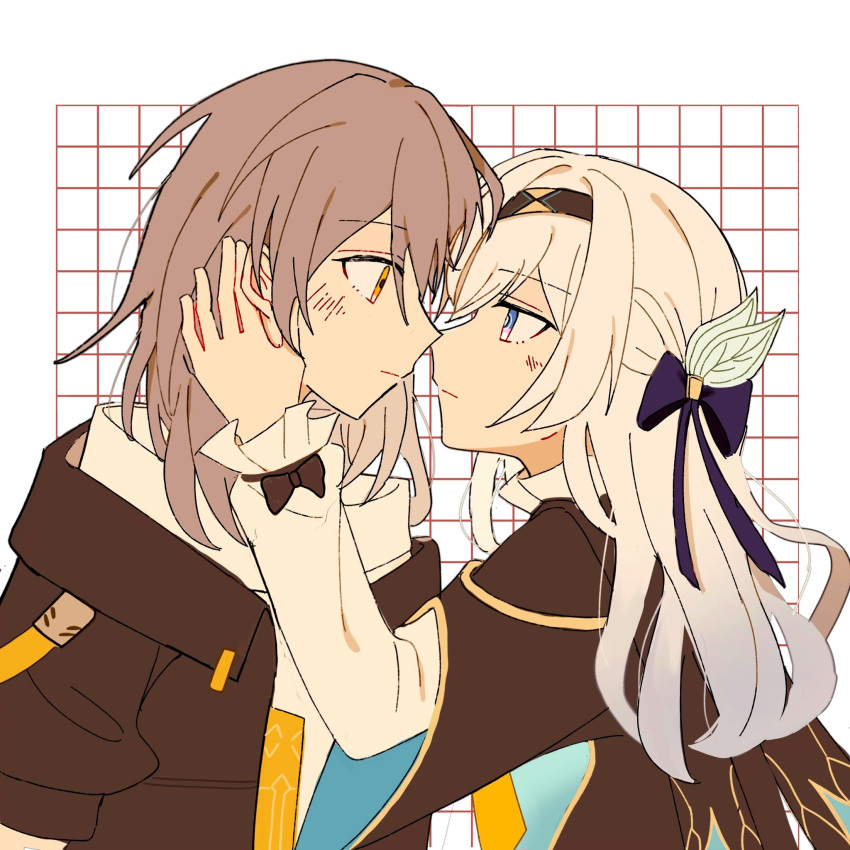 2girls, beibc_eee, black_jacket, blush, firefly_(honkai:_star_rail), grey_hair, hand_on_another's_face, highres, honkai:_star_rail, honkai_(series), imminent_kiss, jacket, long_hair, multiple_girls, simple_background, stelle_(honkai:_star_rail), trailblazer_(honkai:_star_rail), white_background, yuri