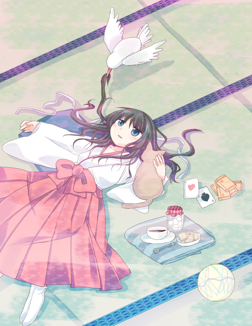bird, card, cards, cat, food, furui_suguri, highres, japanese_clothes, lying, lying_card, miko, orange_card, original, playing_card, playing_cards, solo