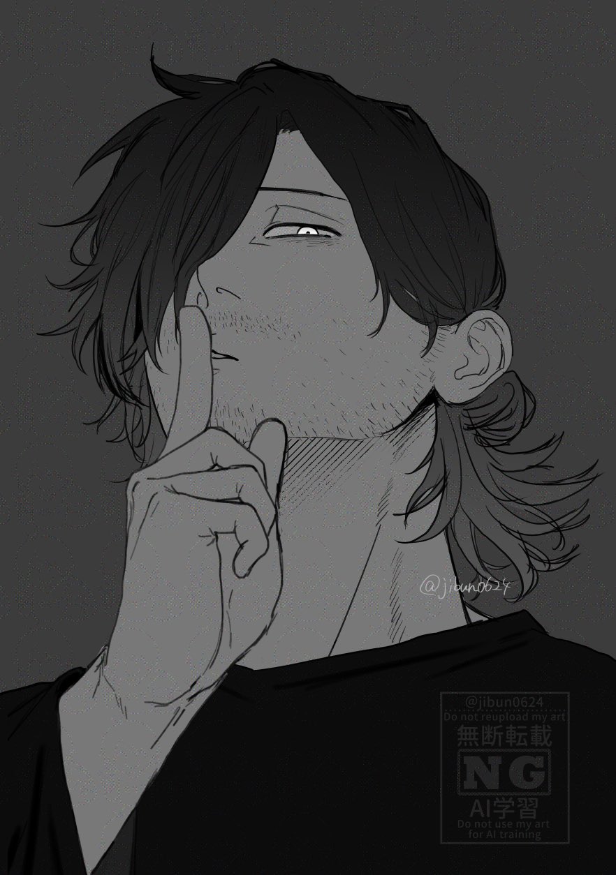 1boy, aizawa_shota, bags_under_eyes, boku_no_hero_academia, finger_to_mouth, from_below, grey_background, greyscale