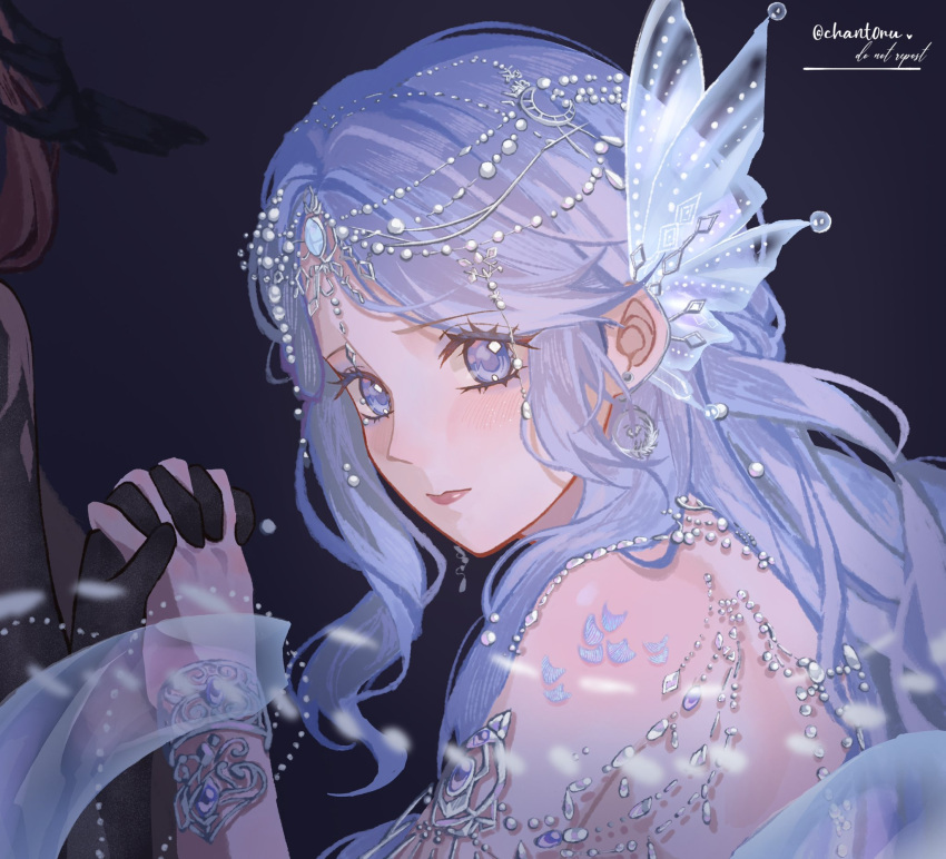 2girls, armlet, bare_back, bare_shoulders, black_background, black_gloves, black_wings, blue_eyes, blue_hair, blue_scales, bracelet, chant0ru, circlet, closed_mouth, crimson_feather_(infinity_nikki), derivative_work, elbow_gloves, eyelashes, feathered_wings, fins, flustered, gloves, hagoromo, head_fins, head_wings, highres, holding_hands, infinity_nikki, interlocked_fingers, jewelry, light_blush, lipstick, long_hair, makeup, mermaid_costume, multiple_girls, necklace, nikki_(nikki), nikki_(series), pink_lips, pointy_nose, red_hair, screenshot_redraw, shawl, shoulder_blades, snowy_ballad_(infinity_nikki), solo_focus, the_seer_(infinity_nikki), twitter_username, upper_body, wings