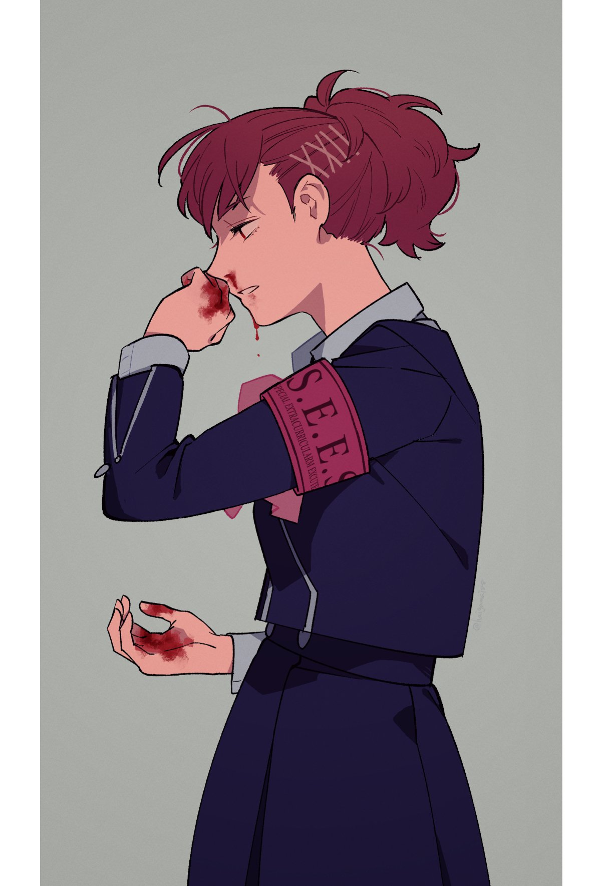 1girl, arm_up, armband, black_jacket, blood, blood_on_face, blood_on_hands, bow