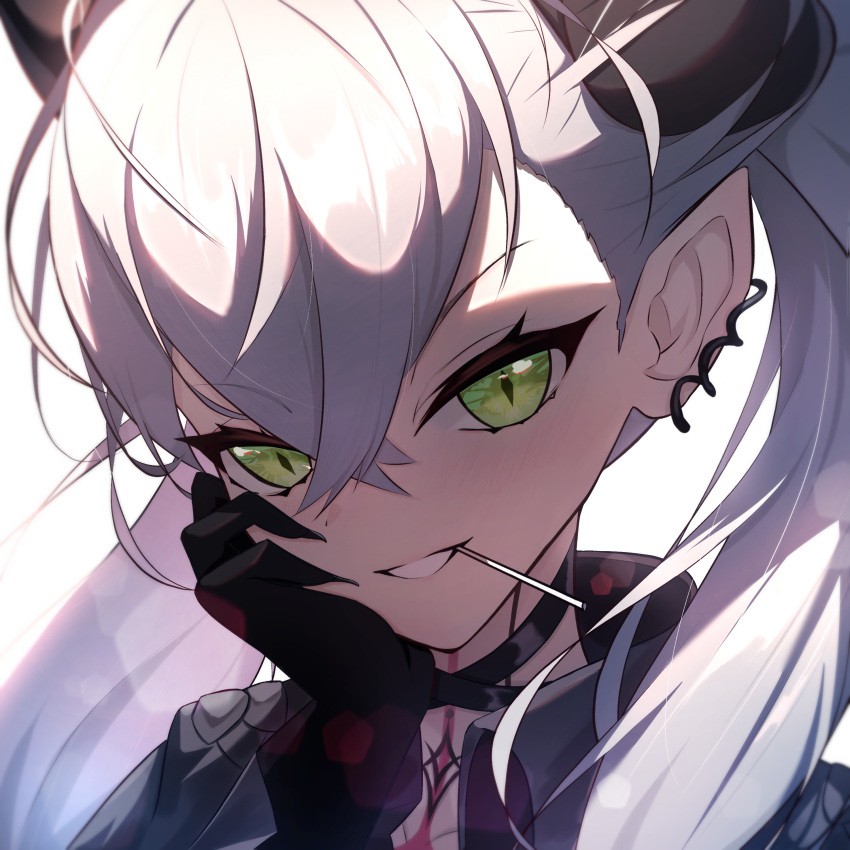 1girl, absurdres, black_cloak, black_hands, body_markings, breasts, candy, cloak, colored_extremities, crossed_bangs, demon_girl, demon_horns, earrings, fate/grand_order, fate_(series), food, green_eyes, hand_on_own_face, highres, horns, jewelry, lilith_(fate), lilith_(first_ascension)_(fate), lollipop, lollipop_in_mouth, long_hair, looking_at_viewer, parted_lips, pointy_ears, simple_background, smile, solo, tattoo_between_breasts, twintails, upper_body, white_background, xing_gong_lian