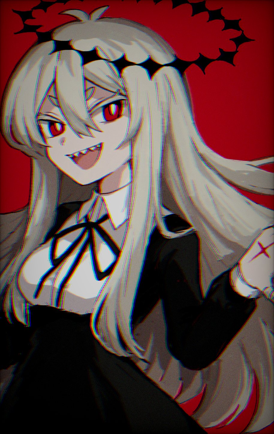 1girl, :d, akikan_sabako, antenna_hair, black_halo, black_ribbon, blonde_hair, bright_pupils