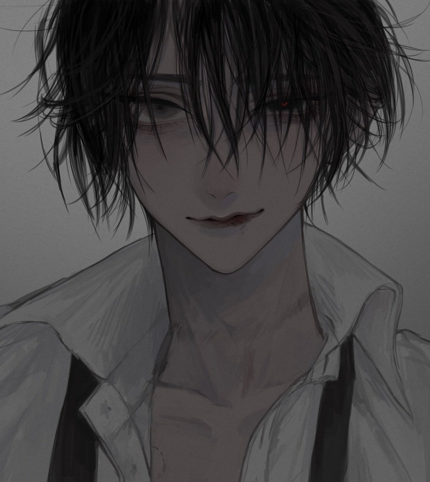 1boy, bite_mark, black_hair, ckshax, closed_mouth, collarbone, eyes_visible_through_hair, grey_background