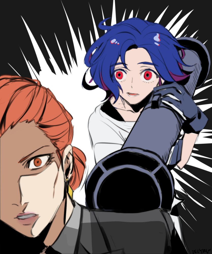 1boy, 1girl, blue_hair, brown_eyes, brown_hair, ccabuster, colored_inner_hair, death_note