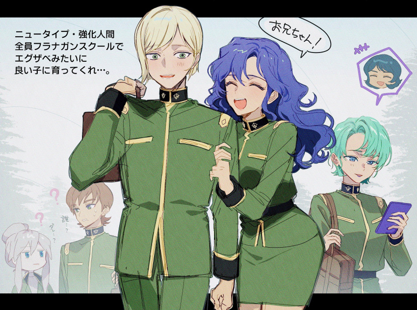 2boys, 3girls, ?, bag, blonde_hair, blue_eyes, blush, brown_hair