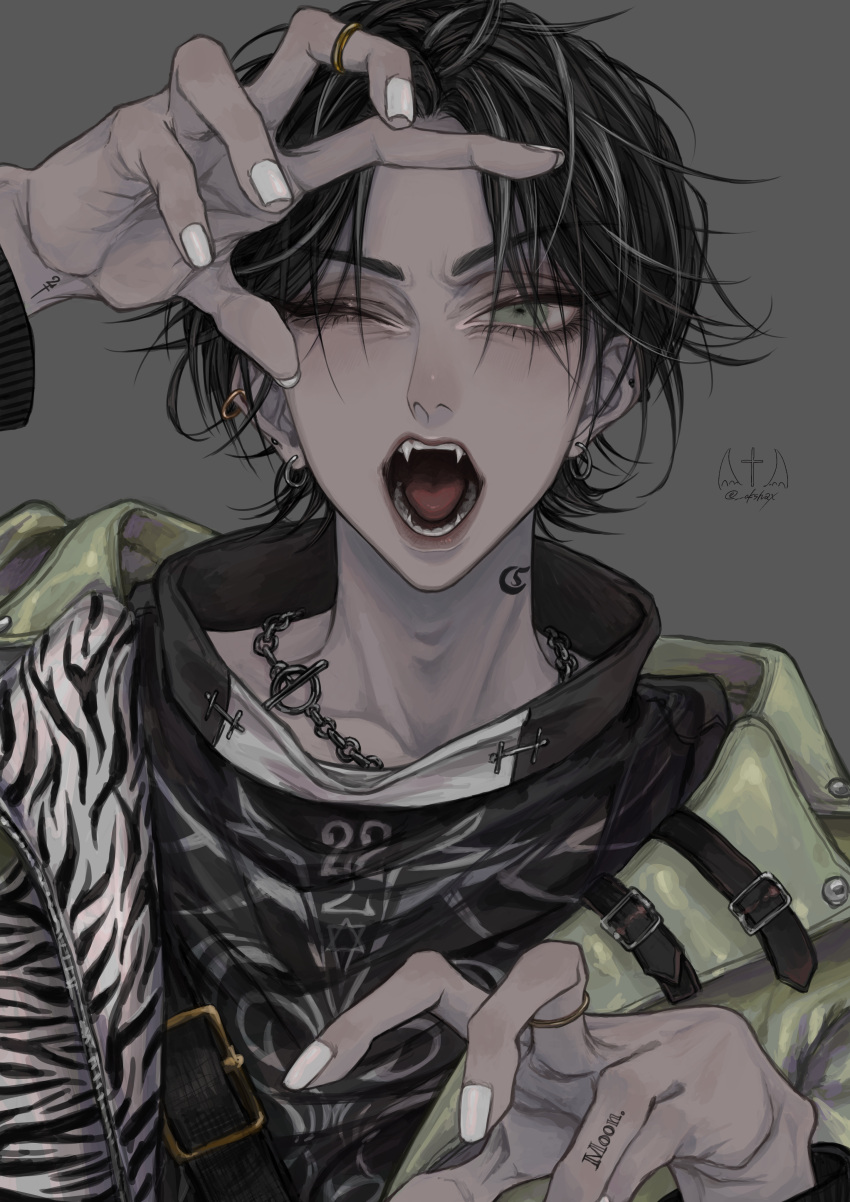 1boy, absurdres, animal_print, belt, black_hair, black_sleeves, chain, chain_necklace