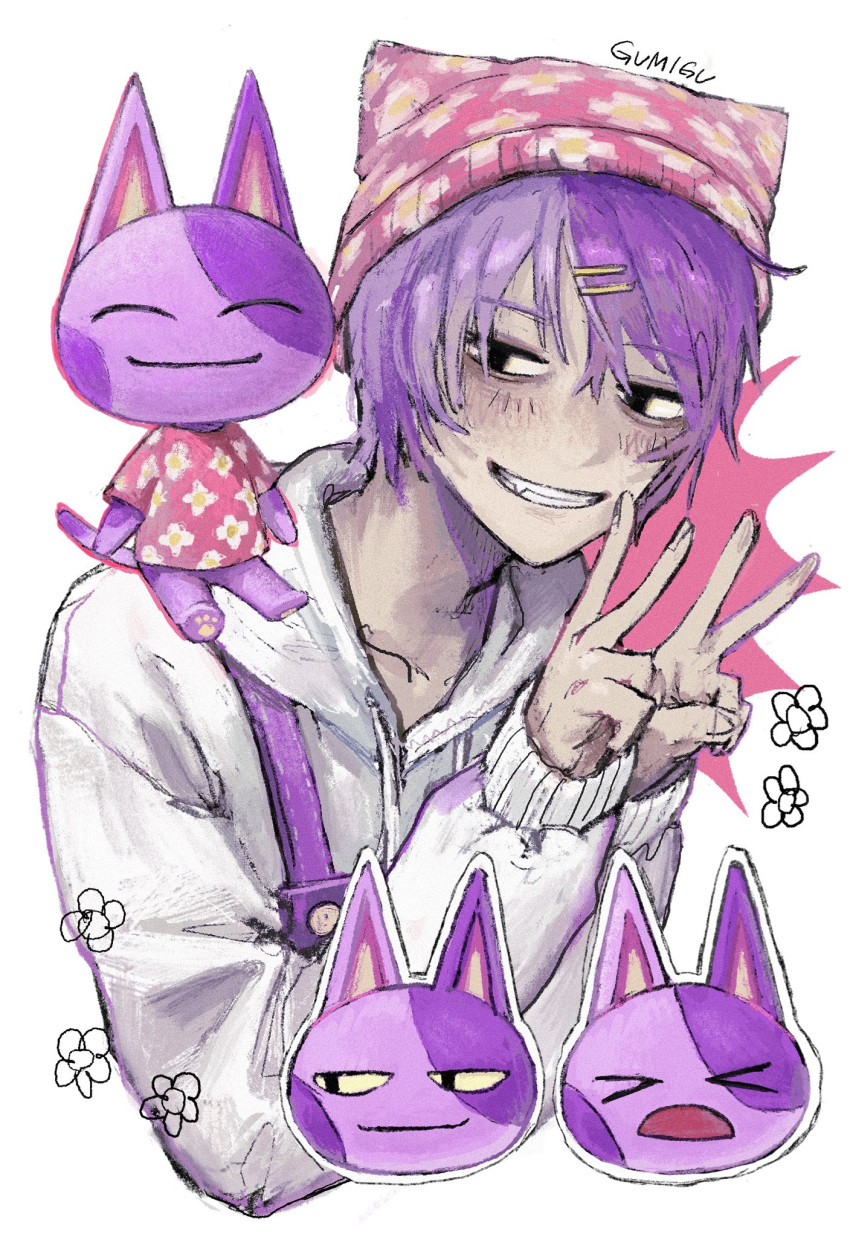 >_<, 2boys, animal_crossing, beanie, bob_(animal_crossing), double_v, furry, furry_and_humanization