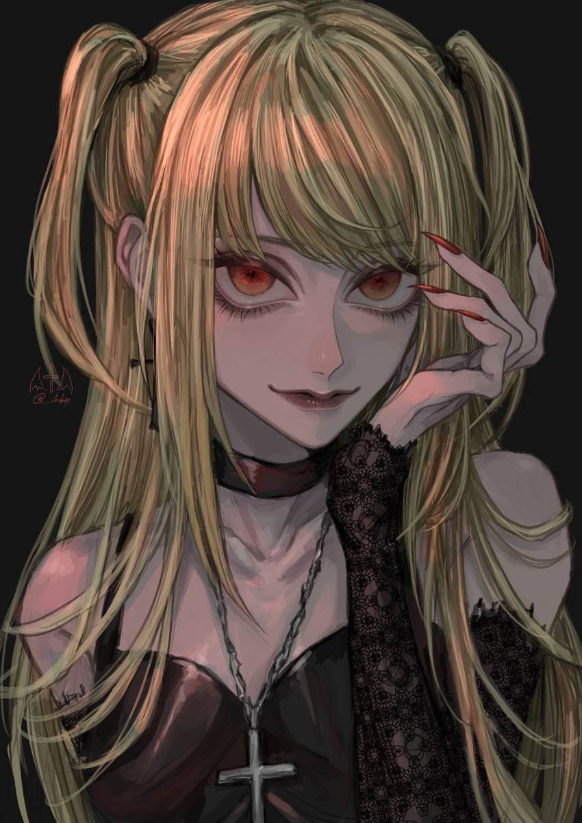 1girl, amane_misa, black_background, black_choker, black_dress, blonde_hair, chain, chain_necklace