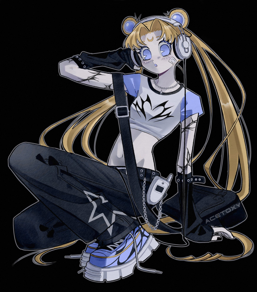 1girl, 2000s_(style), acet0xy, arm_support, arm_warmers, artist_name, bag, bandaid