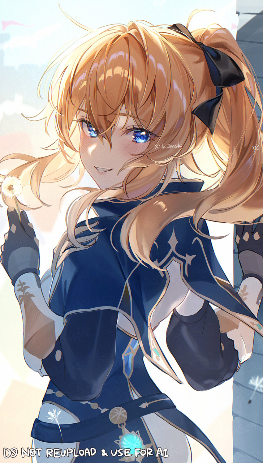 1girl, absurdres, black_bow, blonde_hair, blue_hair, blushing, dandelion, genshin_impact