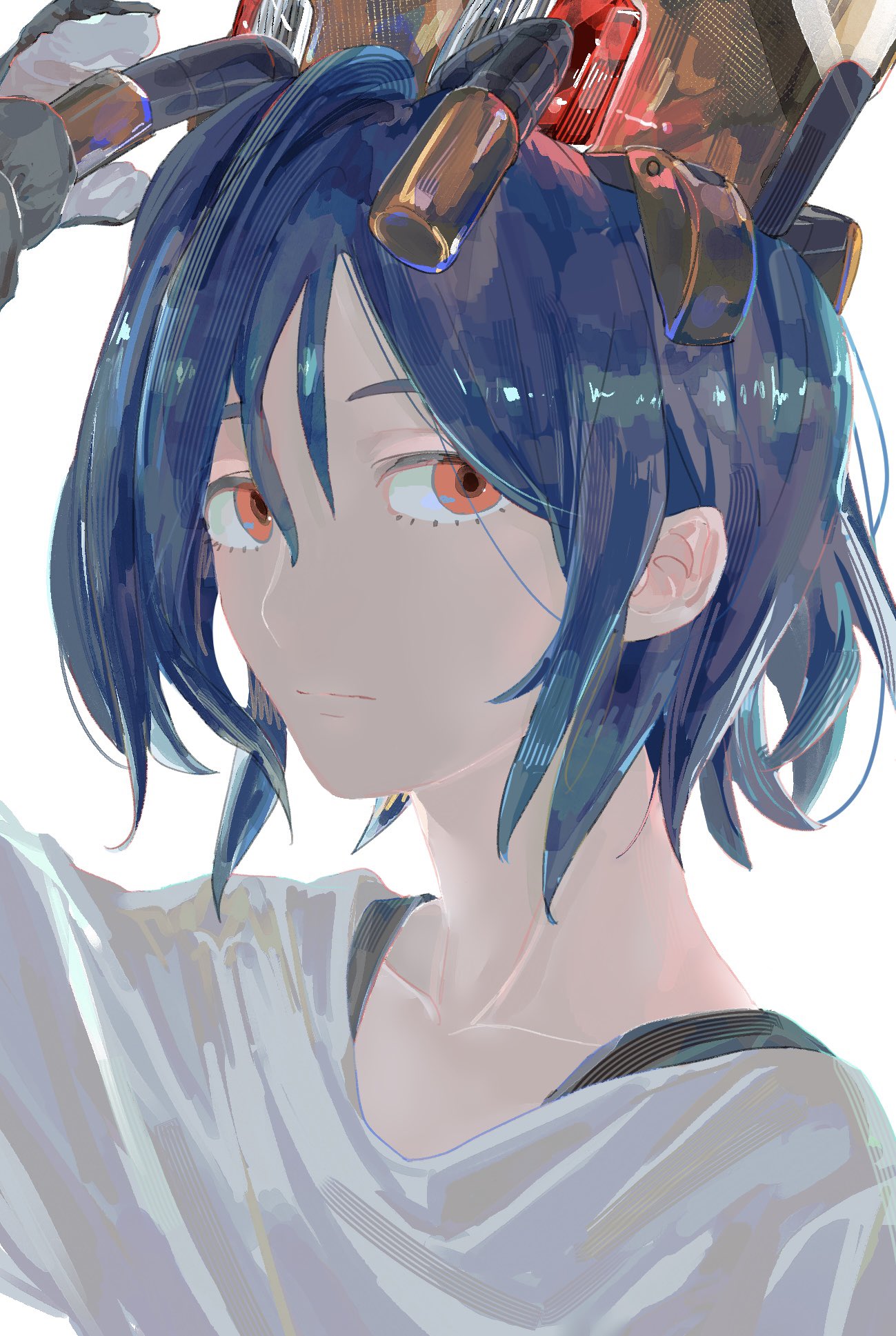 1boy, blue_hair, conch_(gundam), gundam, gundam_gquuuuuux, highres, looking_at_viewer, lower_eyelashes_only, male_focus, non-humanoid_robot, red_eyes, robot, shirt, short_hair, shuji_ito, simple_background, solo, tapitapi_natako, upper_body, white_background, white_shirt