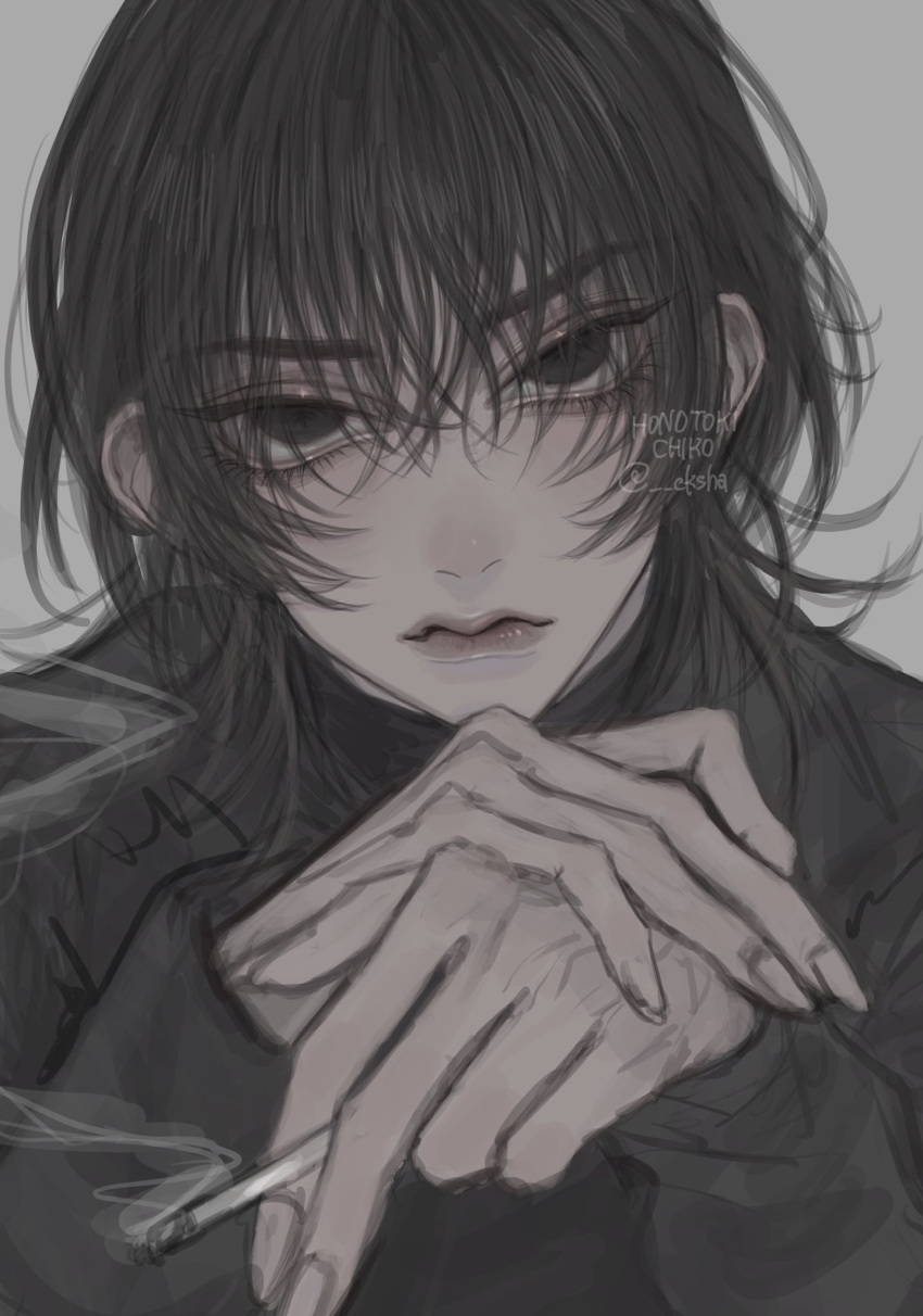1boy, black_eyes, black_hair, black_jacket, black_sleeves, cigarette, ckshax, closed_mouth