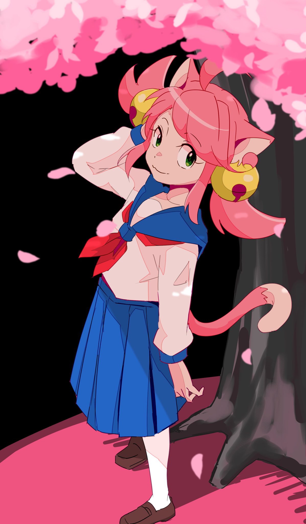 1girl, :3, alternate_costume, anatyanman, animal_ears, arm_at_side, bell, black_background, blue_sailor_collar, blue_skirt, blue_sleeve_cuffs, brown_shoes, cat_ears, cat_girl, cat_tail, cherry_blossoms, closed_mouth, falling_petals, flipped_hair, from_above, full_body, hair_bell, hair_ornament, hand_up, highres, loafers, long_sleeves, looking_at_viewer, low_twintails, mad_mew_mew, medium_hair, medium_skirt, neckerchief, pantyhose, petals, pink_background, pink_petals, pink_tail, pleated_skirt, puffy_long_sleeves, puffy_sleeves, red_neckerchief, sailor_collar, school_uniform, shirt, shoes, sidelocks, simple_background, skirt, solo, standing, swept_bangs, tail, tree, twintails, two-tone_background, undertale, white_pantyhose, white_shirt, winter_uniform