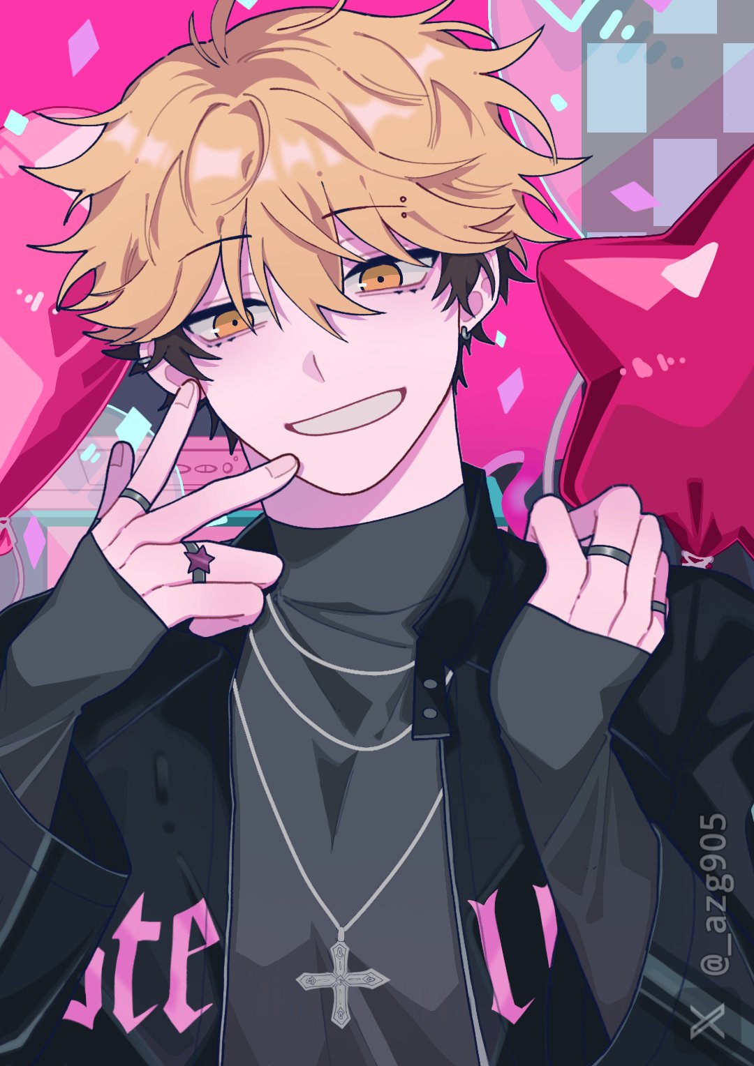 1boy, azg905, balloon, black_hair, black_jacket, black_shirt, blonde_hair, cross