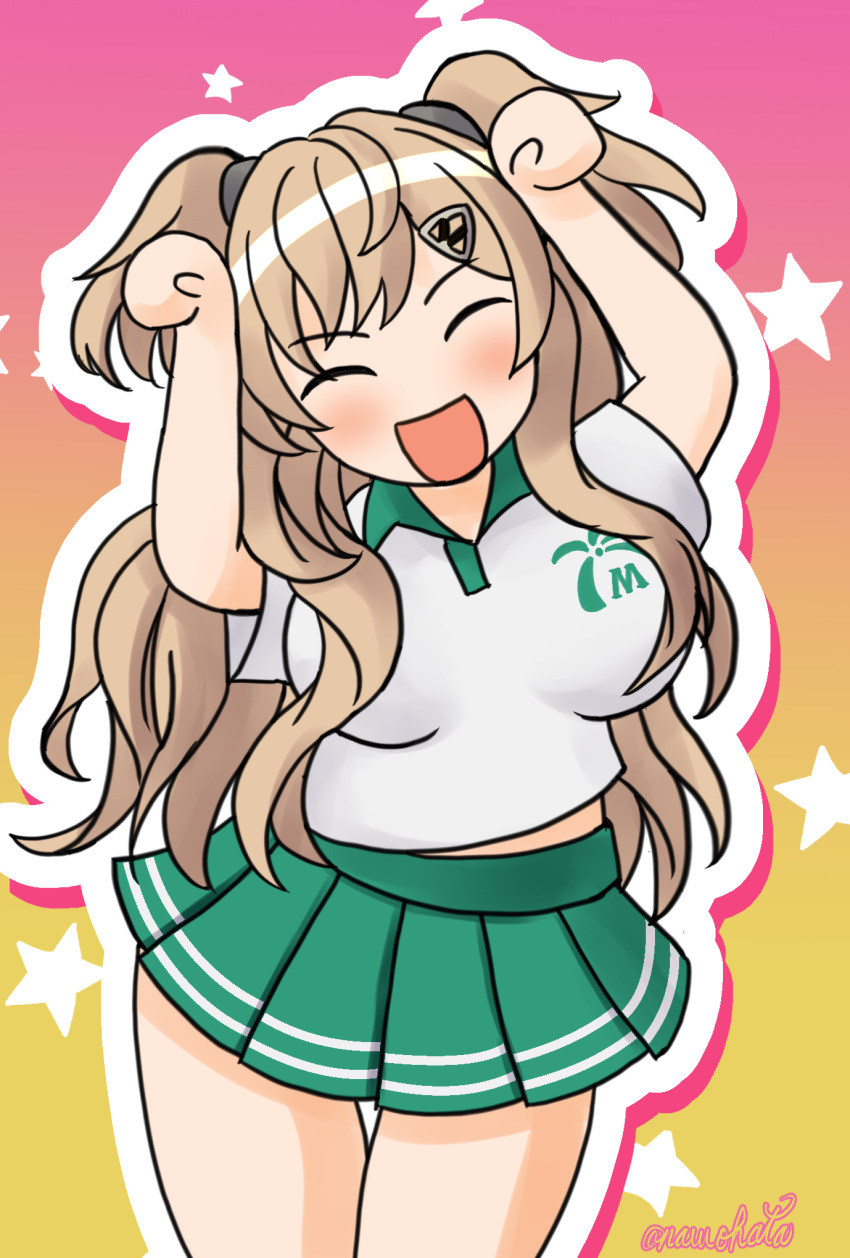 1girl, brown_eyes, caramelldansen, collared_shirt, commentary_request, dress_shirt, facing_viewer, green_skirt