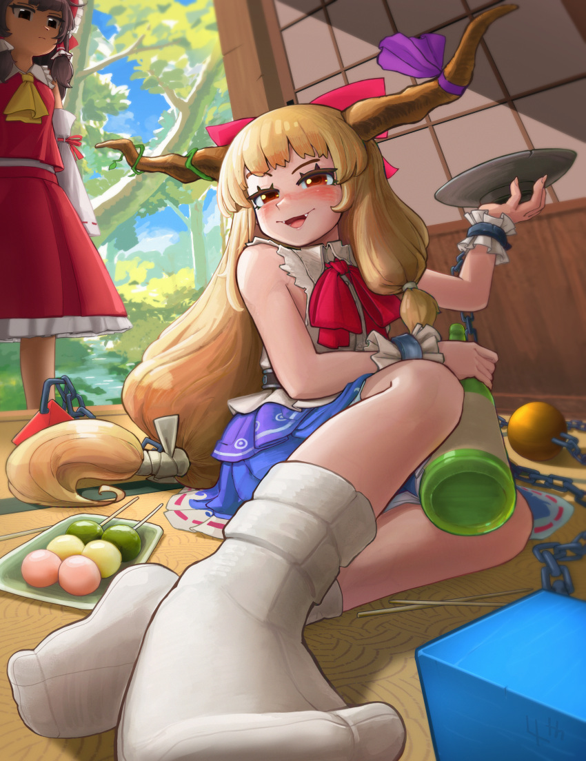 2girls, 4th_lol, absurdres, bow, breasts, dango, fang, food