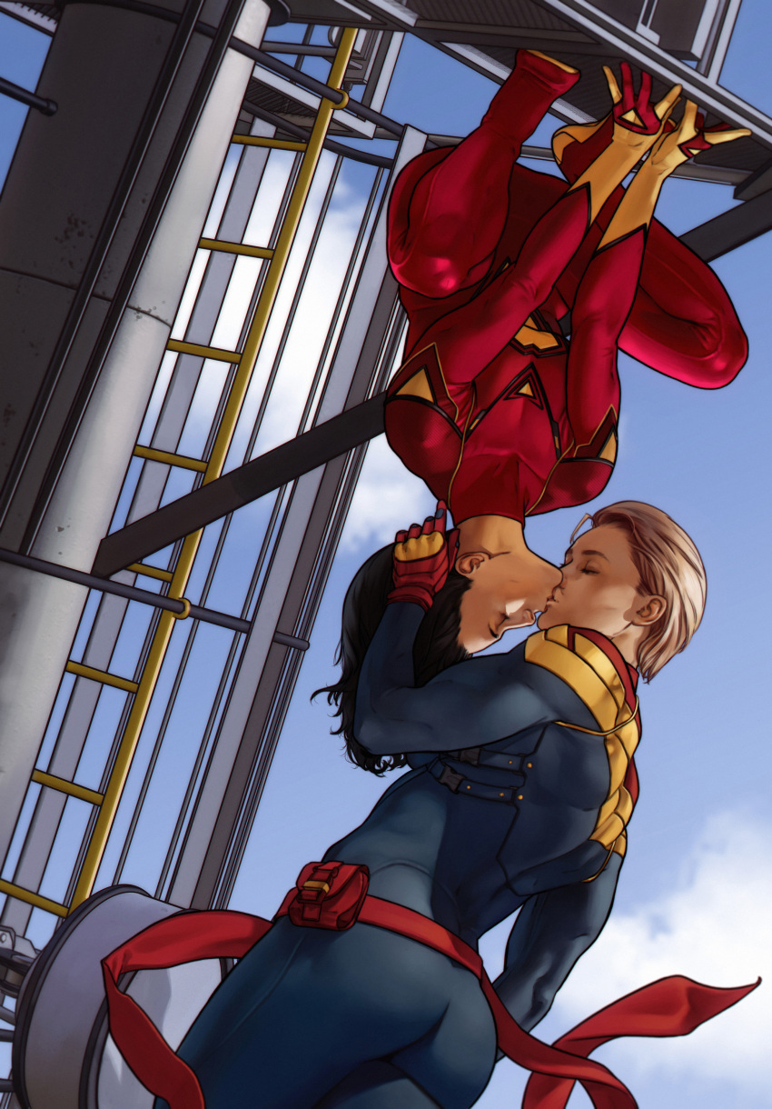 2girls, absurdres, black_hair, blonde_hair, blue_bodysuit, blue_sky, bodysuit, captain_marvel, carol_danvers, closed_eyes, clouds, day, dima_ivanov, highres, jessica_drew, kiss, marvel, multiple_girls, outdoors, red_bodysuit, red_sash, sash, sky, spider-man_(series), spider-woman, waist_sash, yuri