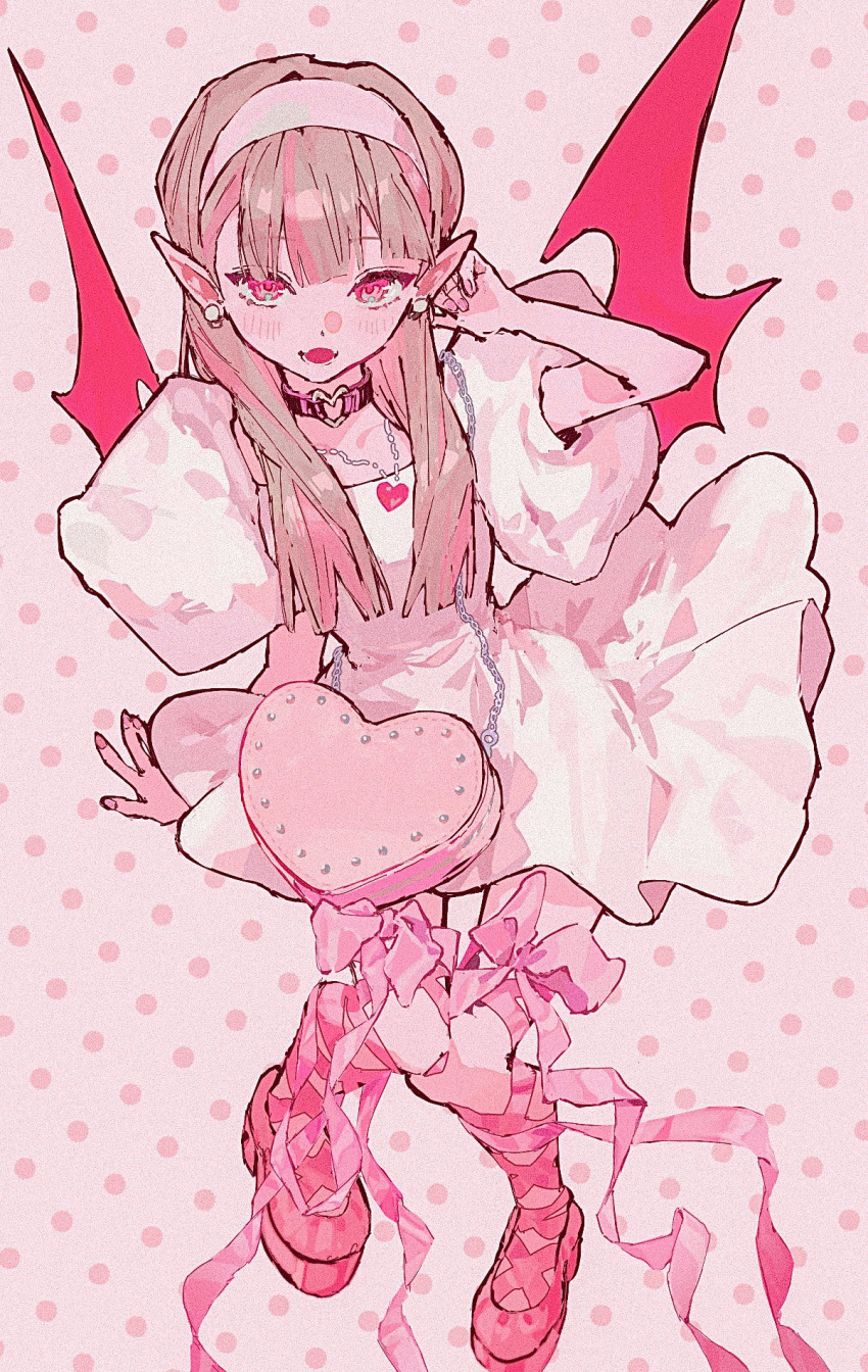 1girl, ame5972, bag, brown_hair, choker, colored_inner_hair, demon_wings, dress