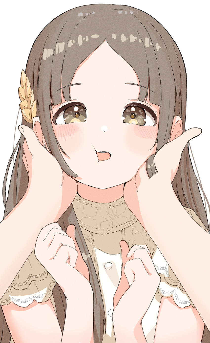 1boy, 1girl, absurdres, blunt_bangs, blush, brown_hair, commentary_request, fingernails