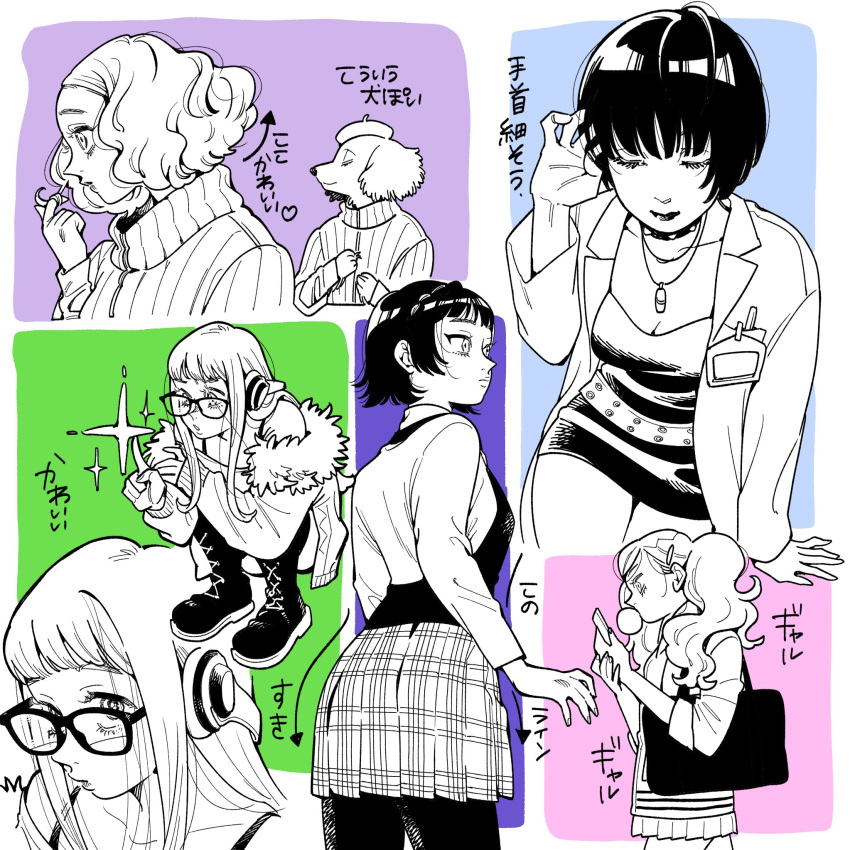 5girls, bag, battan8, behind-the-head_headphones, black-framed_eyewear, black_dress, blunt_bangs, boots