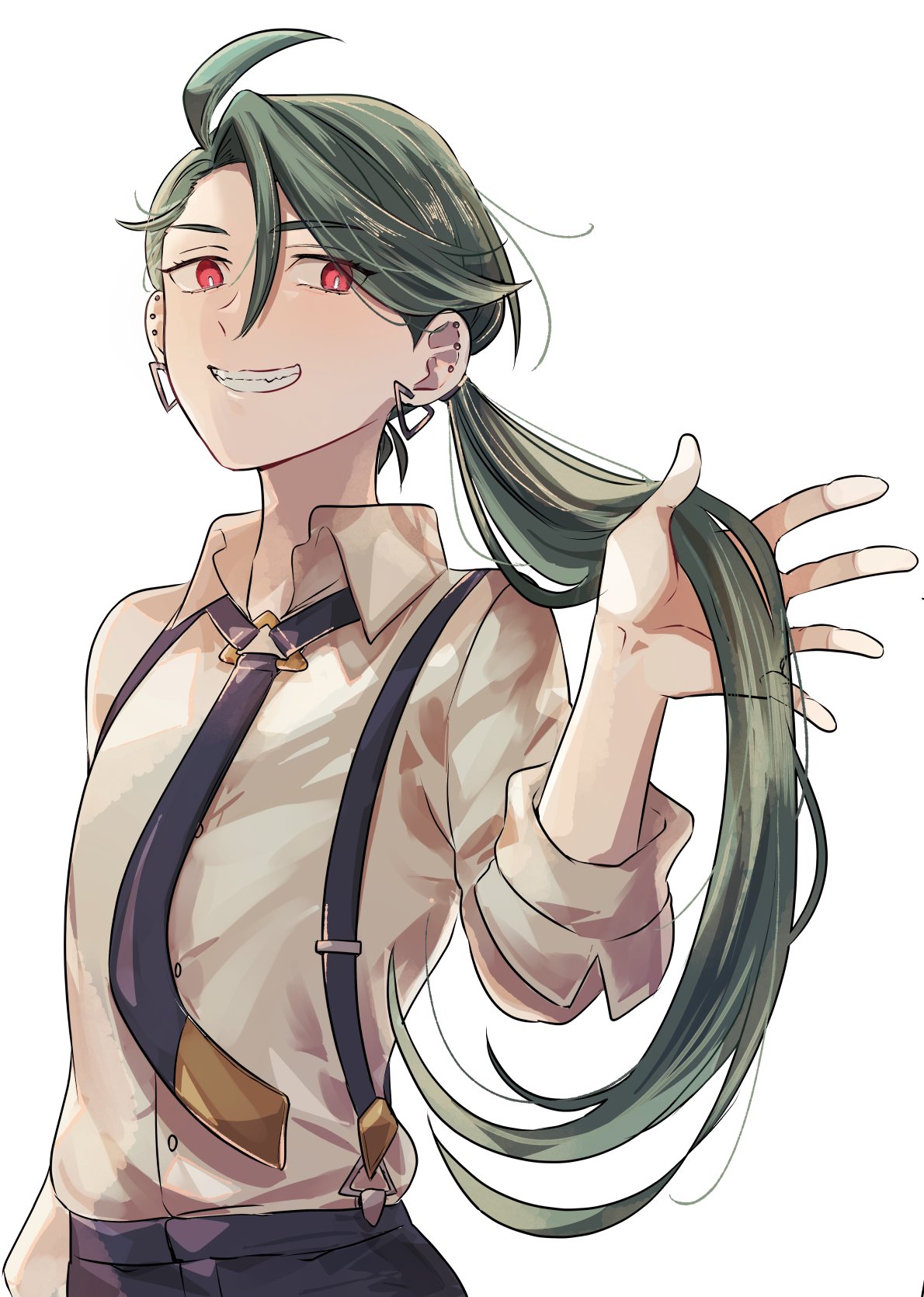 1girl, androgynous, brown_shirt, cibamatoxins, commentary_request, ear_piercing, earrings, eyes_visible_through_hair, flat_chest, green_hair, grin, hair_between_eyes, highres, holding, holding_own_hair, jewelry, long_hair, piercing, pokemon, pokemon_sv, ponytail, red_eyes, reverse_trap, rika_(pokemon), shirt, smile, solo, suspenders, upper_body, very_long_hair
