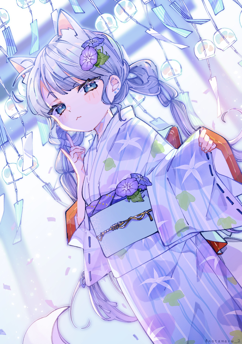 1girl, :3, animal_ear_fluff, animal_ears, blue_eyes, blue_hair, blue_nails, blue_sash, blush, braid, closed_mouth, commentary_request, cowboy_shot, flower, fox_ears, fox_girl, fox_shadow_puppet, hair_flower, hair_ornament, highres, japanese_clothes, kimono, long_hair, long_sleeves, looking_at_viewer, monkey_ears, monkey_girl, nail_polish, notamaru_2, obi, original, ribbon-trimmed_sleeves, ribbon_trim, sash, solo, striped_clothes, striped_kimono, torii, twin_braids, white_kimono, wide_sleeves, wind_chime, yukata