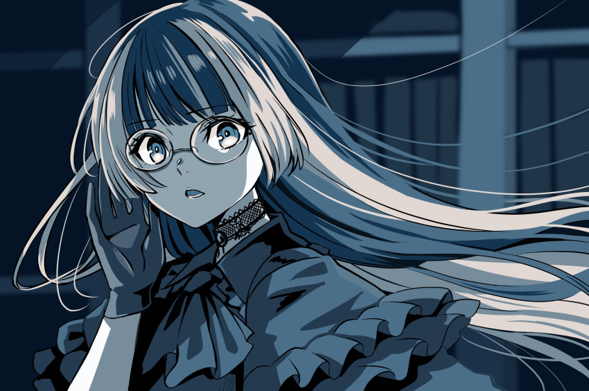 absurdres, chanmarorux, choker, dress, frilled_dress, frills, glasses, gloves, goth_fashion, gothic_lolita, greyscale, highres, hololive, hololive_dev_is, juufuutei_raden, juufuutei_raden_(1st_costume), lace-trimmed_choker, lace_trim, lolita_fashion, long_hair, looking_at_viewer, monochrome, multicolored_hair, open_mouth, streaked_hair, virtual_youtuber