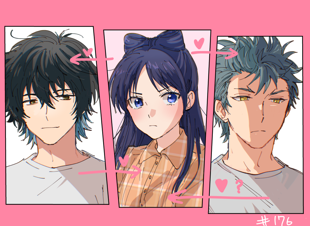 1girl, 2boys, black_hair, blue_eyes, grey_hair, hair_between_eyes, hetero, hinata_(ryohinata)
