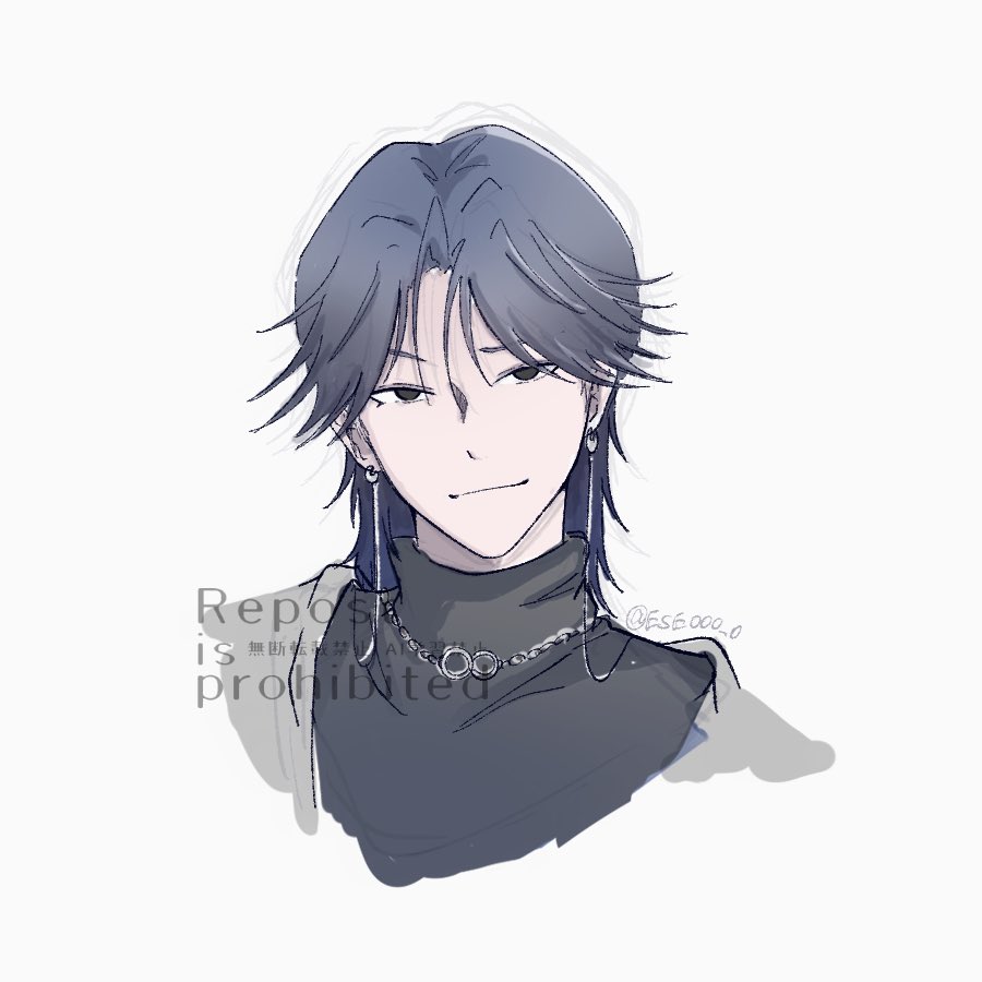 1boy, black_eyes, black_shirt, blue_hair, closed_mouth, earrings, ese000_0, grey_jacket