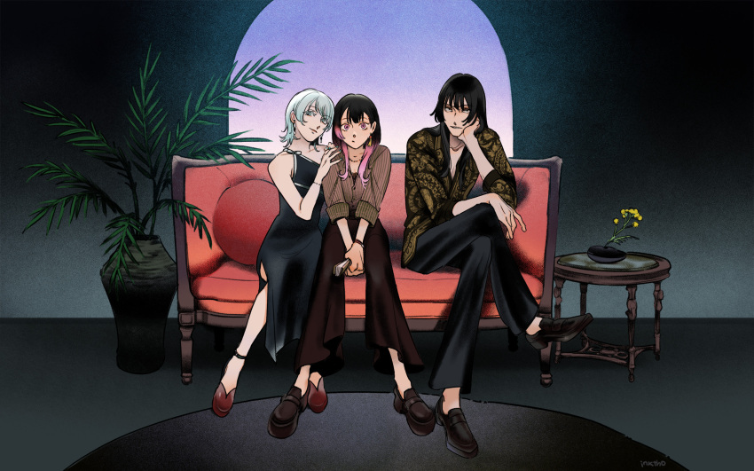 1boy, 2girls, akane-banashi, artist_name, black_dress, black_hair, black_pants, black_shoes