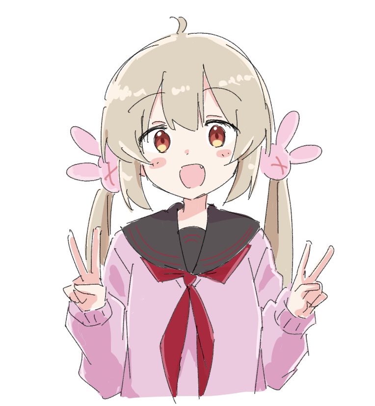 1girl, ahoge, black_sailor_collar, blonde_hair, blush, cropped_torso, double_v, fang