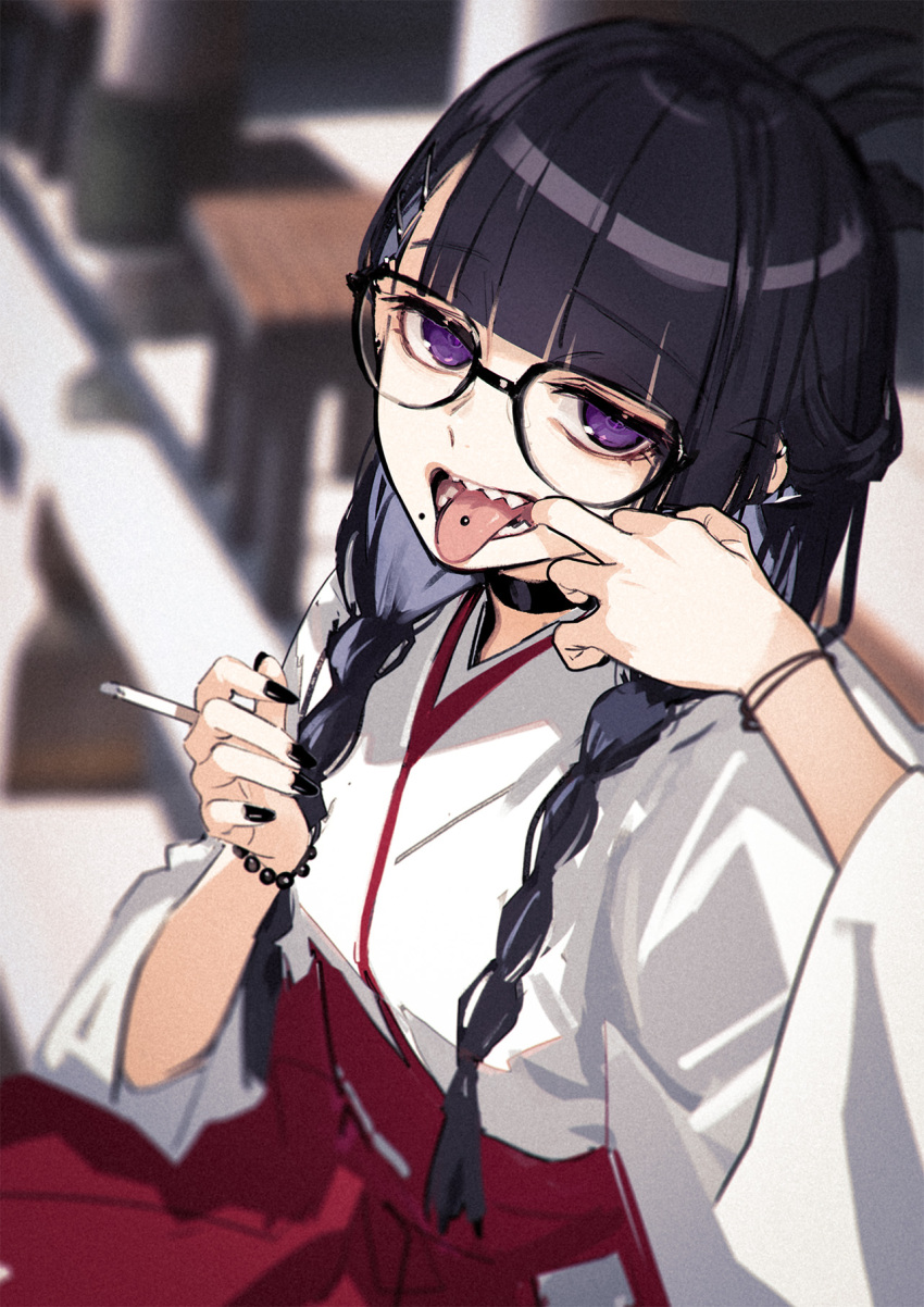 1girl, black-framed_eyewear, black_hair, black_nails, blurry, blurry_background, bracelet, braid