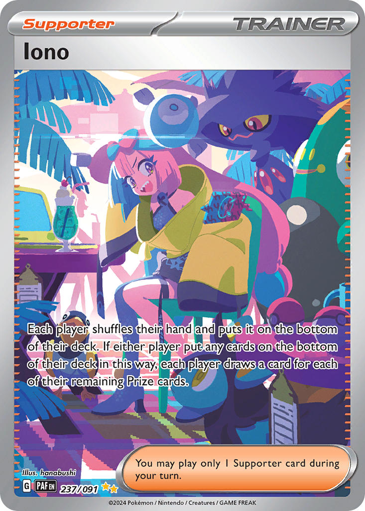 1girl, :d, artist_name, bare_shoulders, bellibolt, blue_hair, card_(medium), cellphone, character_name, cherry, closed_mouth, coat, colored_sclera, company_name, copyright_name, copyright_notice, dessert, drink, drinking_straw, english_text, eyelashes, food, fruit, glass, hanabushi, iono_(pokemon), long_hair, luxio, mismagius, multicolored_hair, official_art, open_mouth, phone, pink_hair, poke_ball, poke_ball_(basic), pokemon, pokemon_(creature), pokemon_card, pokemon_sv, pokemon_tcg, red_eyes, rotom, rotom_phone, sharp_teeth, sitting, sleeves_past_fingers, sleeves_past_wrists, smartphone, smile, teeth, third-party_source, trading_card, twintails, two-tone_hair, wattrel, yellow_coat, yellow_eyes, yellow_pupils, yellow_sclera