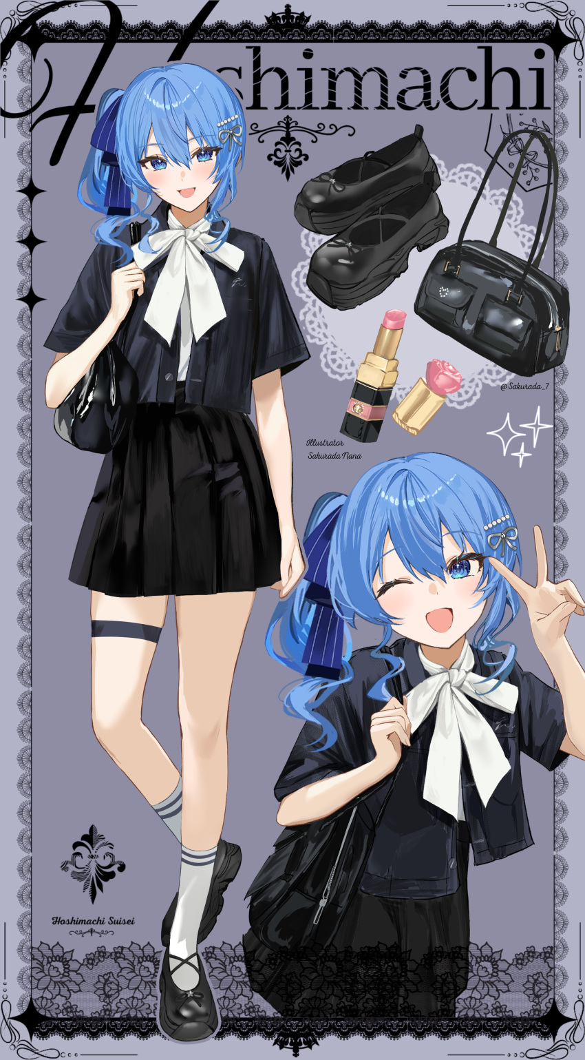 1girl, ;d, absurdres, bag, black_shirt, black_shoes, black_skirt, blue_eyes