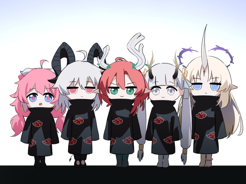 5girls, ahoge, akatsuki_uniform, black_coat, black_horns, black_tail, blonde_hair, blue_eyes