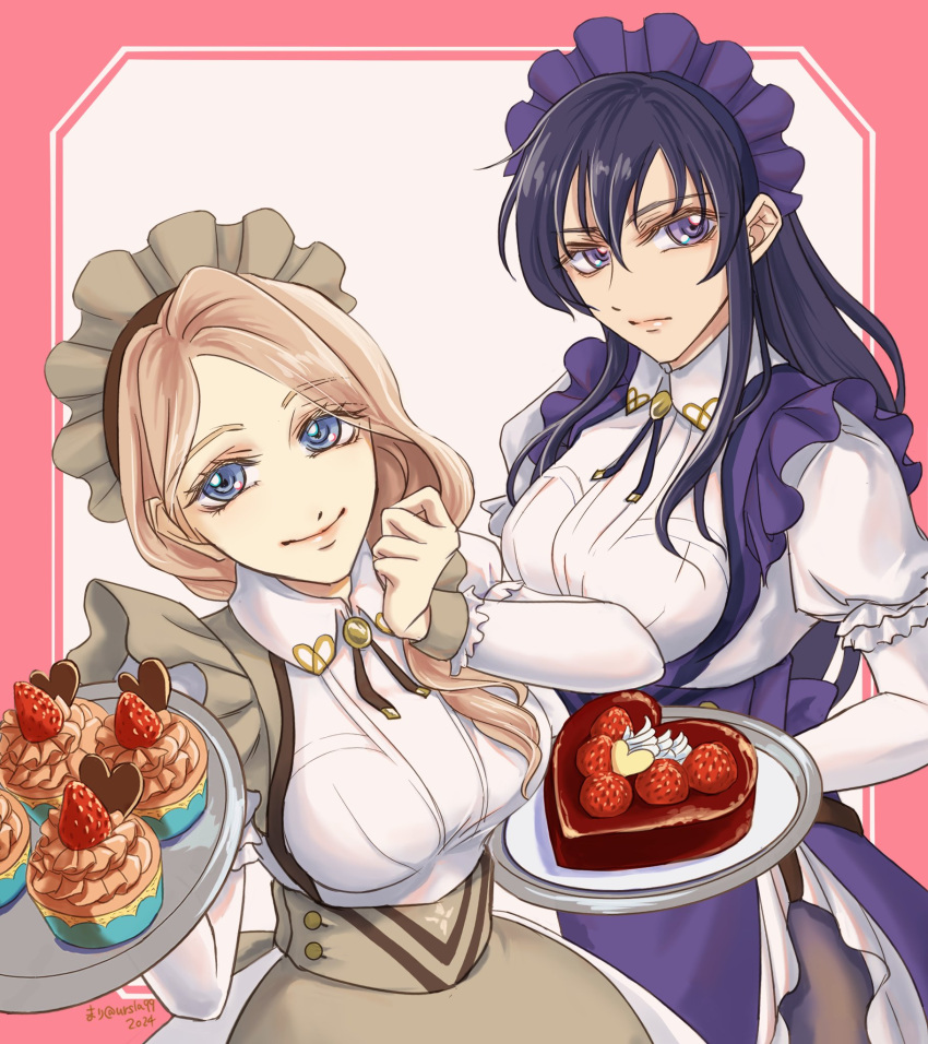 2girls, alternate_costume, apron, ayra_(fire_emblem), ayra_(tea_party)_(fire_emblem), black_hair, black_pantyhose, blue_eyes