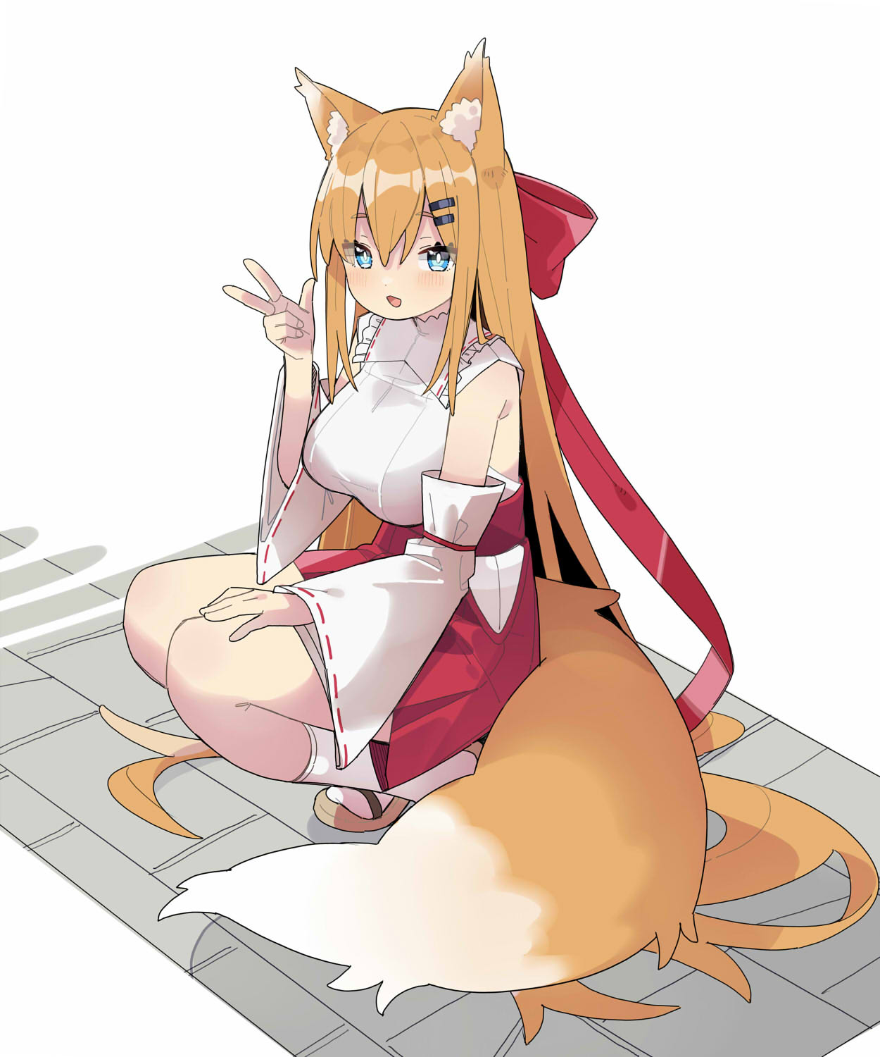 1girl, animal_ears, blue_eyes, breasts, detached_sleeves, fox_ears, fox_girl, fox_tail
