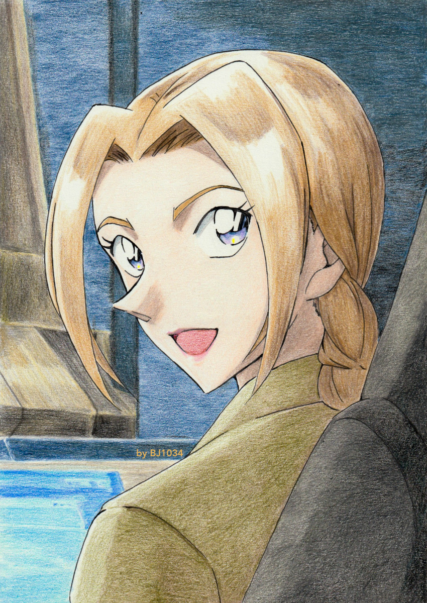 1girl, :d, aoyama_goushou_(style), artist_name, bj1034_(tosashi), blue_eyes, brown_hair, brown_jacket, colored_pencil_(medium), curtained_hair, derivative_work, from_behind, highres, indoors, jacket, long_hair, looking_back, low_ponytail, meitantei_conan, naomi_argento, official_style, open_mouth, ponytail, smile, solo, traditional_media, upper_body