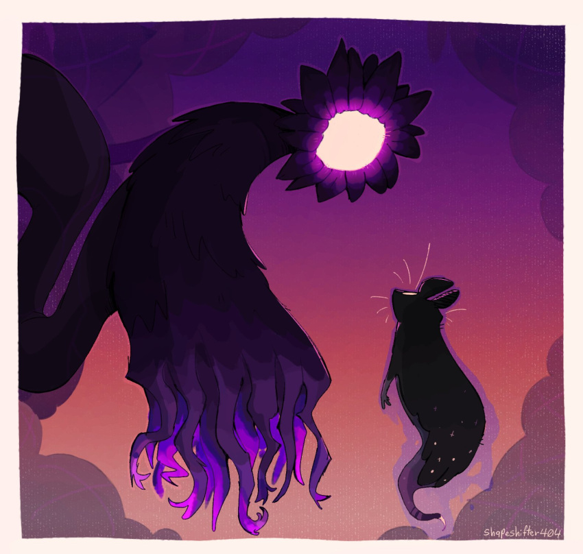 1other, black_cloak, black_fur, cloak, creature, flower, flower_head, gradient_background