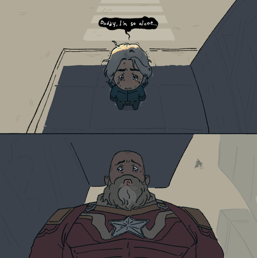 1girl, aura, bald, beard, blonde_hair, chibi, crying, dark_aura, facial_hair, father_and_daughter, flying, highres, jumpsuit, marvel, marvel_cinematic_universe, phf_cowpoke, red_guardian_(marvel), road, sentry_(marvel), short_hair, silhouette, star_(symbol), street, thunderbolts_(film), yelena_belova