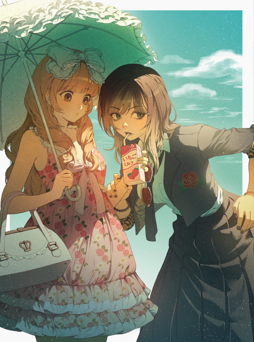 2girls, absurdres, bag, black_eyes, black_hair, black_jacket, black_lips, black_necktie