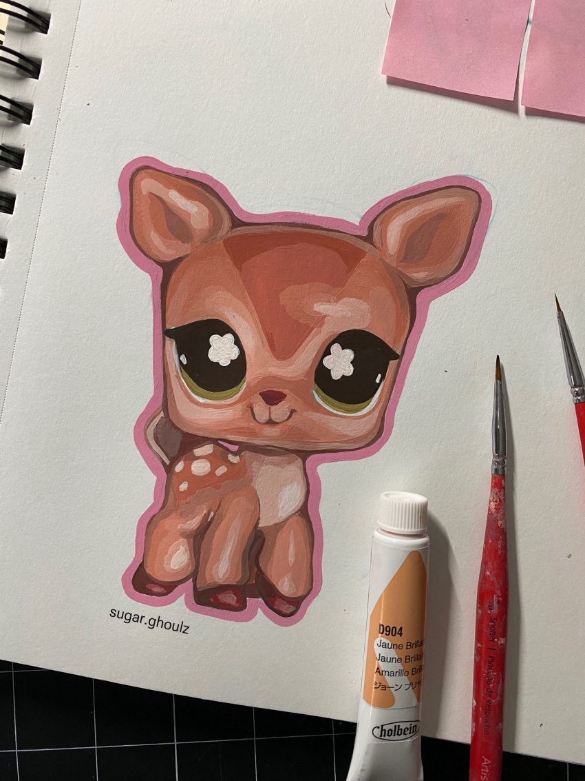 :3, animal, animal_focus, art_tools_in_frame, brown_fur, commentary, deer, english_commentary, gouache_(medium), green_eyes, highres, hooves, littlest_pet_shop, lps_deer_634, no_humans, painting_(medium), photo_(medium), realistic, sketchbook, solo, sparkling_eyes, spotted_fur, sugar-ghoulz, toy, traditional_media