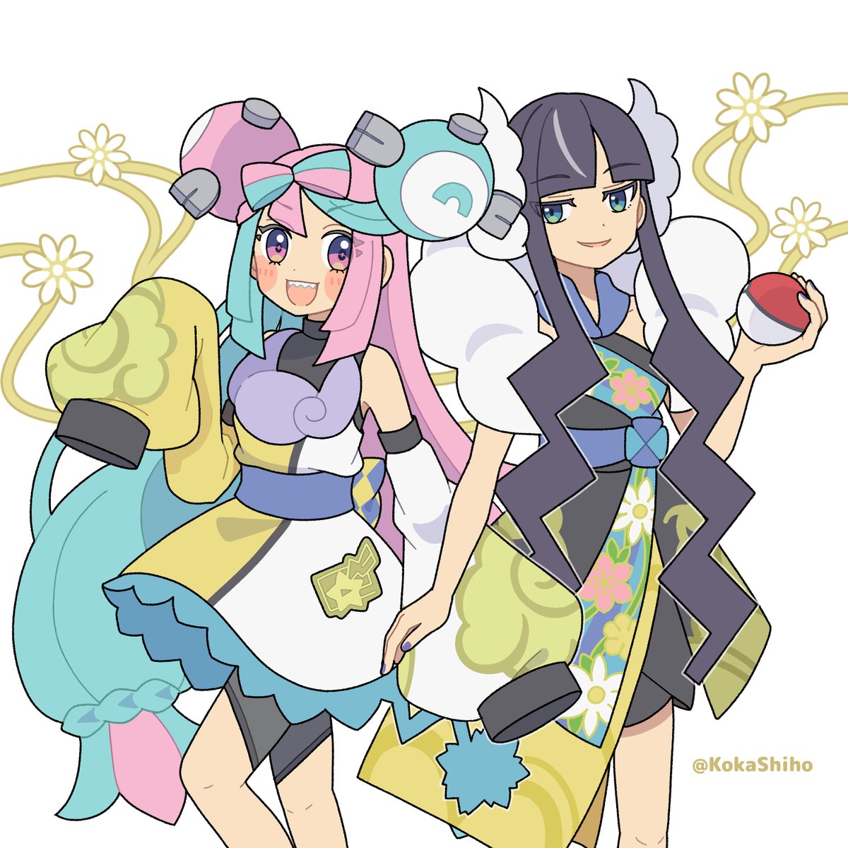 2girls, black_hair, blue_eyes, blue_hair, blunt_bangs, bow-shaped_hair, breasts, character_hair_ornament, closed_mouth, coat, detached_sleeves, dress, elesa_(pokemon), elesa_(sygna_suit)_(alt.)_(pokemon), fur_coat, hair_ornament, highres, holding, holding_poke_ball, iono_(pokemon), iono_(sygna_suit)_(pokemon), japanese_clothes, kimono, kokashiho, long_hair, long_sleeves, looking_at_viewer, multicolored_hair, multiple_girls, official_alternate_costume, open_mouth, pink_hair, poke_ball, poke_ball_(basic), pokemon, pokemon_bw2, pokemon_masters_ex, sharp_teeth, shorts, shorts_under_dress, sidelocks, sleeveless, sleeveless_kimono, sleeves_past_fingers, sleeves_past_wrists, smile, split-color_hair, teeth, twintails, two-tone_hair, violet_eyes, yellow_coat