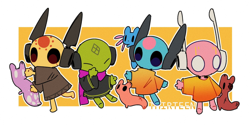 1girl, 1other, 2boys, androgynous, artificer_(rain_world), axolotl_ears, barefoot, black_cloak, black_eyes, blue_eyes, blue_fur, blue_skin, brown_cloak, brown_eyes, burn_scar, circle_facial_mark, cloak, closed_eyes, colored_skin, creature, creature_on_head, facial_mark, five_pebbles, forehead_mark, green_skin, green_stripes, highres, hunter_(rain_world), iterator_(rain_world), kuame_03, looking_at_another, looking_up, looks_to_the_moon, marking_on_cheek, multiple_boys, no_mouth, no_significant_harassment, orange_cloak, pink_skin, purple_fur, purple_scarf, rain_world, red_fur, rivulet_(rain_world), robot, robot_ears, scar, scar_across_eye, scar_on_back, scar_on_chest, scar_on_ear, scar_on_face, scar_on_tail, scarf, seven_red_suns, slugcat, spearmaster_(rain_world), white_background, wide-eyed, x, x_facial_mark, yellow_background, yellow_cloak, yellow_skin