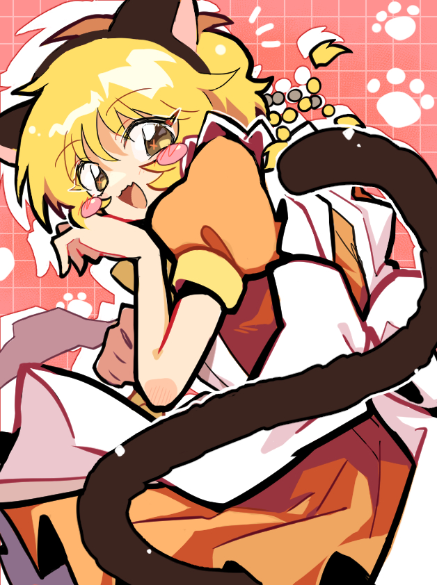 1girl, :3, animal_ears, apron, blonde_hair, blush_stickers, cafe_mew_mew_uniform, cat_ears